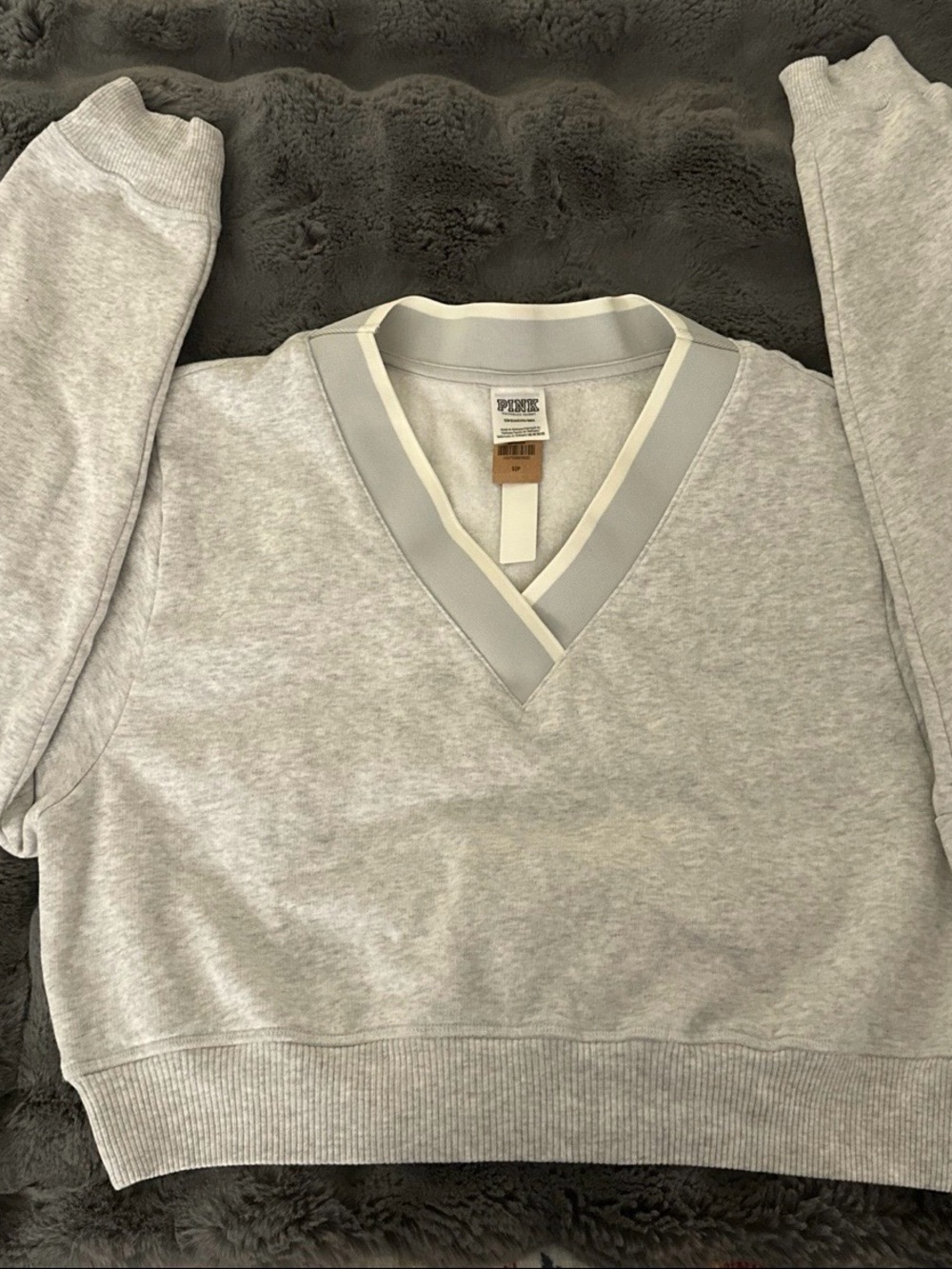 PINK Victoria's Secret Men's Light Gray V-Neck Sweater with White Trim - Picture 3 of 4